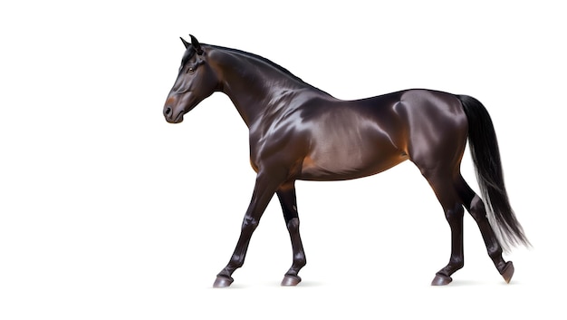 lack sports horse strides forward isolated on a white background