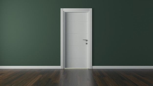 Lacquer door with green wall and parquet 3d model rendering