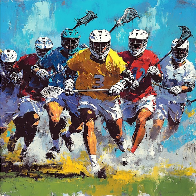 A lacrosse team in the middle of a fastpaced game with players in gear