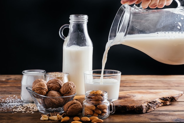 Lactose-free vegetable milk types, coconut milk, almond milk, walnut milk, rice milk