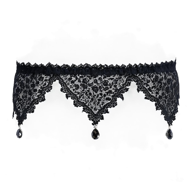 Lacy lux black lace garter belt with scalloped edges and crystal charms on dappled lighting