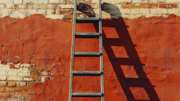 Ladder against a brick wall aluminum texture shadows on the wall afternoon light