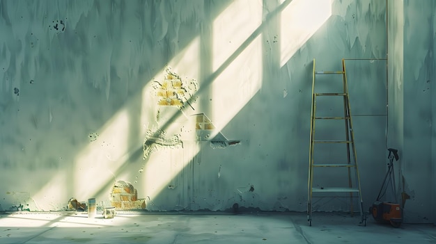 Ladder and construction equipment standing in empty room illuminated by bright sunli Generative AI