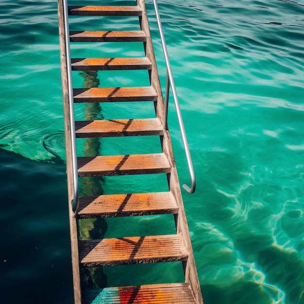 A ladder is going down to the water and the water is clear and blue.