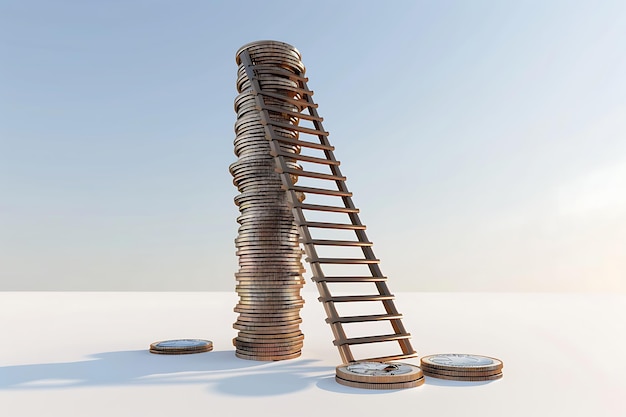 Photo ladder leading to a stack of coins representing financial success and growth