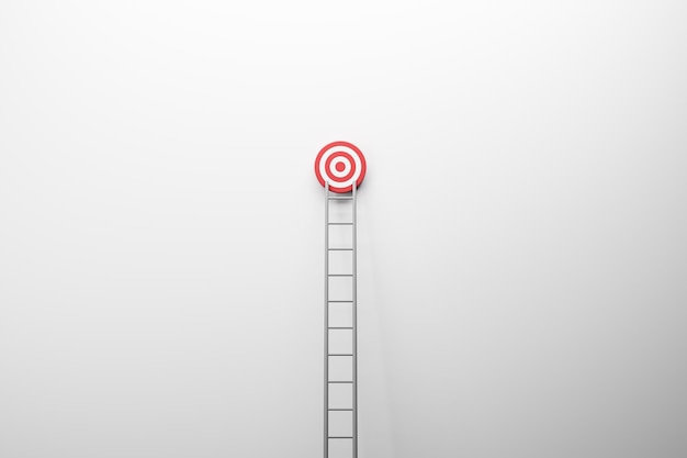 Ladder leading to target on white wall background with mock up place 3D Rendering