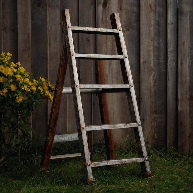 Photo a ladder leaning against a wooden fence with yellow flowers