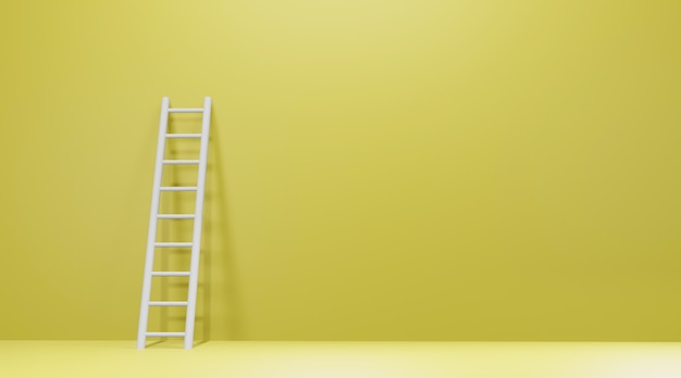 Ladder leaning against yellow wall.