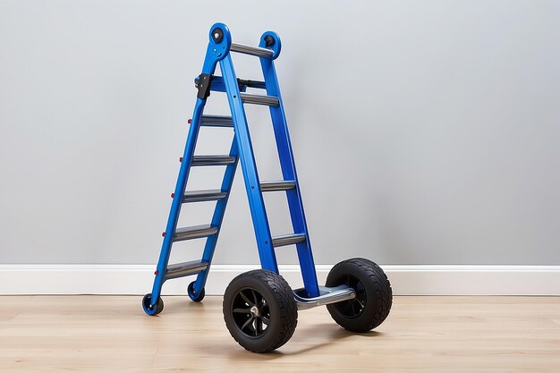 A Ladder with a Blue Handle and Wheels on It