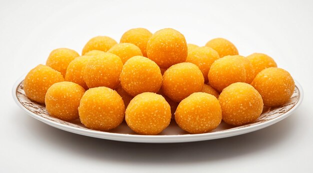 Photo laddu orange color llopean on the brown plate with white background laddu indian dessert food