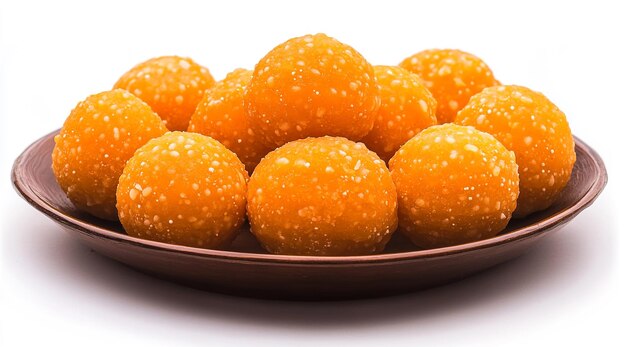 Photo laddu orange color llopean on the brown plate with white background laddu indian dessert food