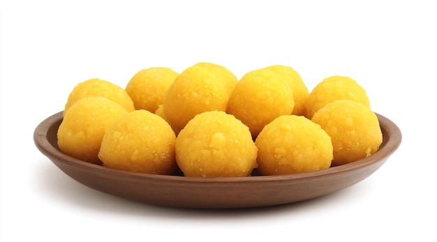 laddu orange color llopean on the brown plate with white background Laddu Indian dessert food