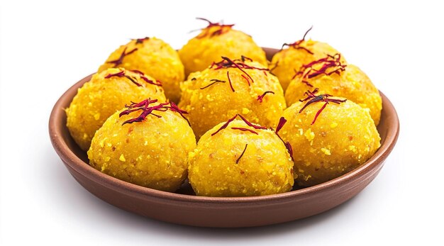 laddu orange color llopean on the brown plate with white background Laddu Indian dessert food