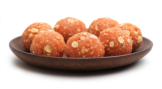 Photo laddu orange color llopean on the brown plate with white background laddu indian dessert food