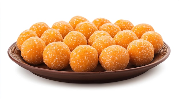 laddu orange color llopean on the brown plate with white background Laddu Indian dessert food