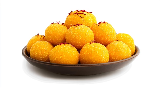 laddu orange color llopean on the brown plate with white background Laddu Indian dessert food