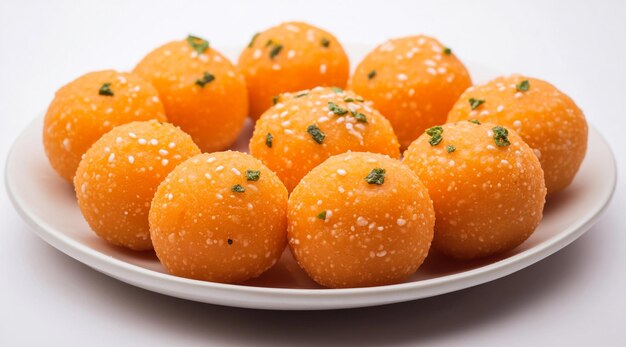 laddu orange color llopean on the brown plate with white background Laddu Indian dessert food