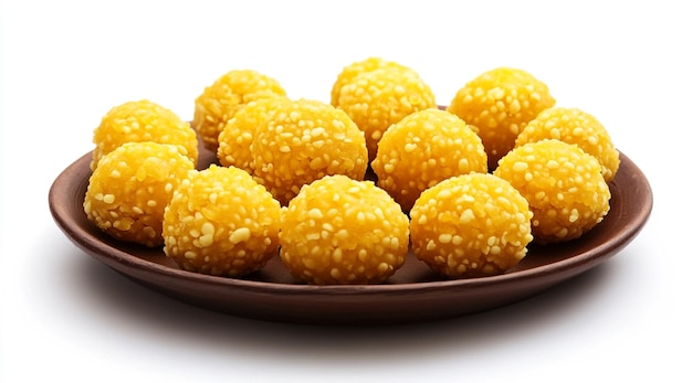 laddu orange color llopean on the brown plate with white background Laddu Indian dessert food