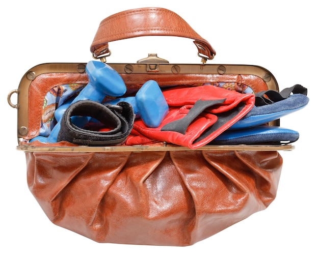 Ladies bag with boxing gloves and dumbbells