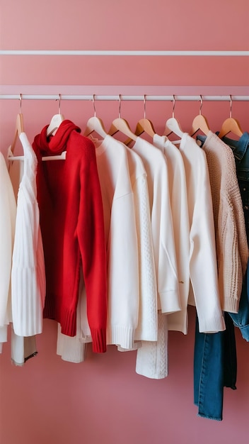 Ladies white casual clothes arranged on hangers red knitted warm sweater stands out of whole colle