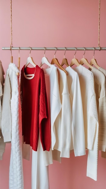 Ladies white casual clothes arranged on hangers red knitted warm sweater stands out of whole colle