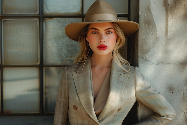 Lady Boss Exudes Chic Style in Classy Suit Topped with Hat and Red Lip