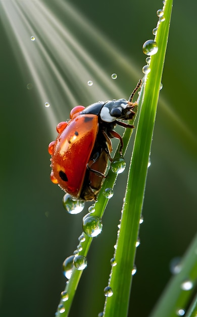 a lady bug with drops of water on it and the sun shining on it ai generator