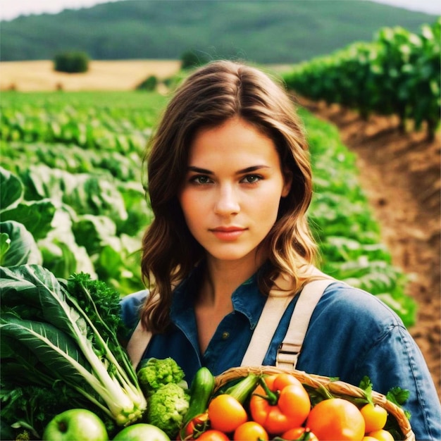 A lady carrying a basket filled with fresh veggies