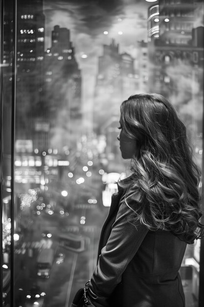 Photo a lady contemplating urban landscape upon arrival