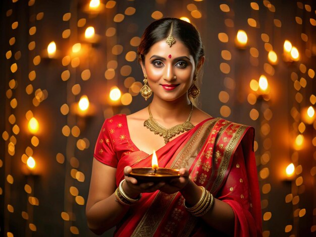 Photo a lady dressed up in a red sari holding a lit lamp diwali stock images realistic stock photos