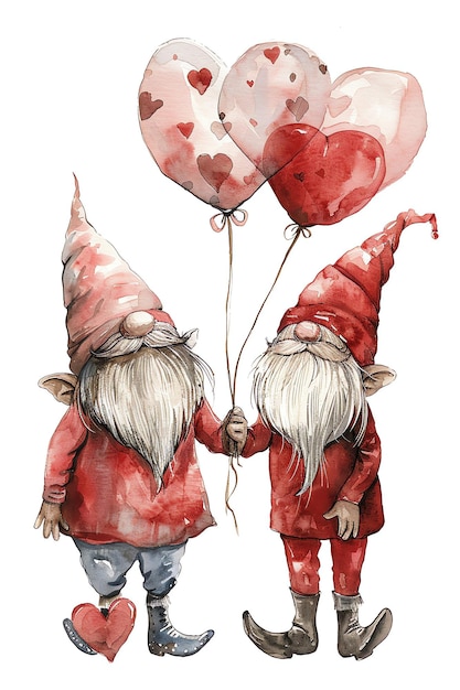 lady gnome and male gnome in red attire holding hands and with heart shaped balloons vintage style