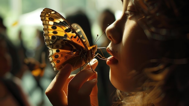 a lady is feeding a butterfly with other people in the background