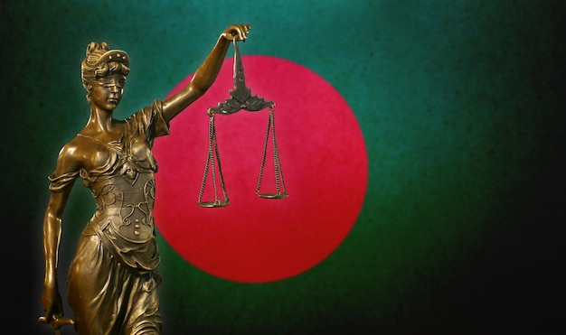 Lady Justice against a flag of Bangladesh