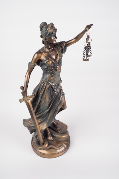 Lady Justice statue is the Greek ancient goddess.Themis a symbol of justice isolated on white.