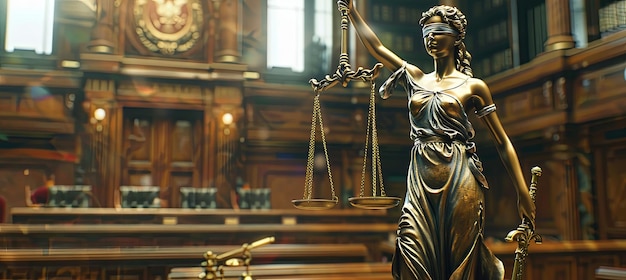 Lady Justice statue with her scales of justice prominently displayed framed by the interior of a courtroom with wooden benches and a judge39s gavel in the background