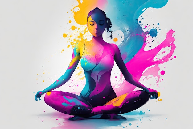 Lady meditate painting pink color background ai generative