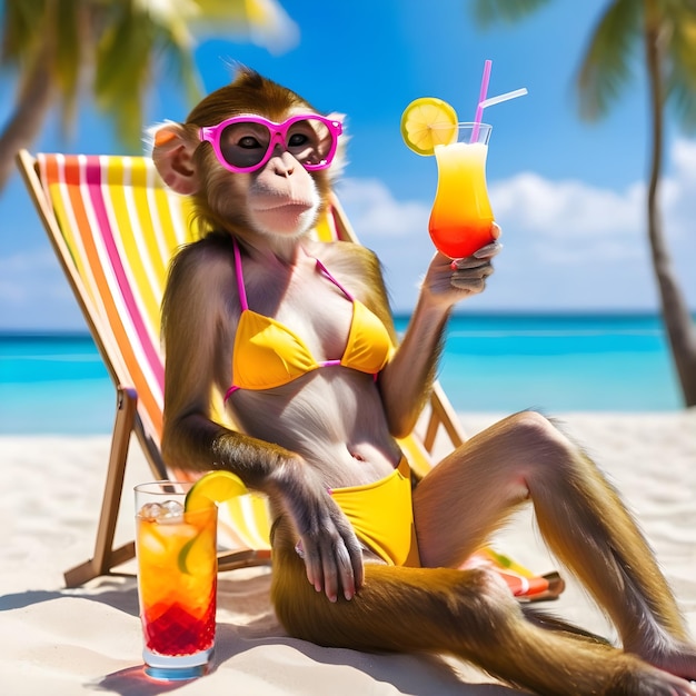 A lady monkey lay basking in the sun on a sandy beach She let out a little sigh of enjoyment as she