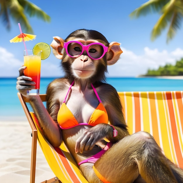 A lady monkey lay basking in the sun on a sandy beach She let out a little sigh of enjoyment as she