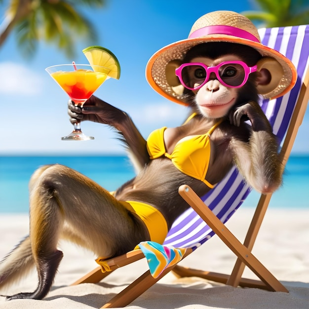 A lady monkey lay basking in the sun on a sandy beach She let out a little sigh of enjoyment as she