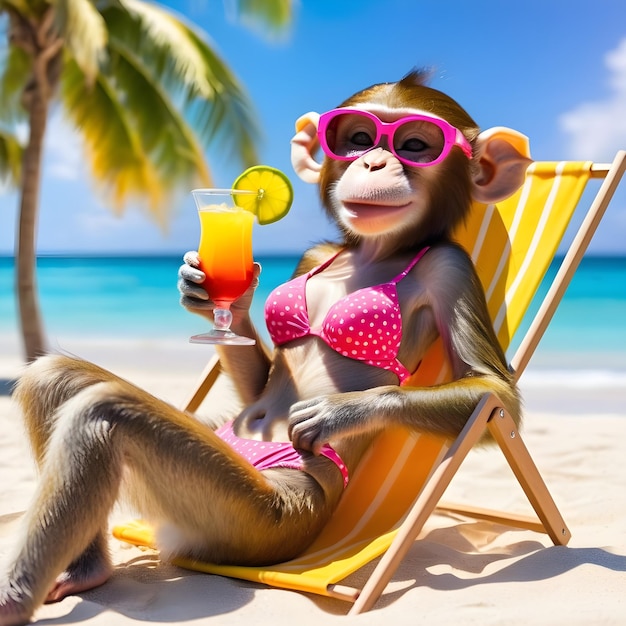 A lady monkey lay basking in the sun on a sandy beach She let out a little sigh of enjoyment as she