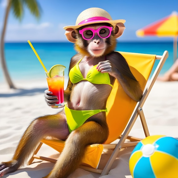 A lady monkey lay basking in the sun on a sandy beach She let out a little sigh of enjoyment as she