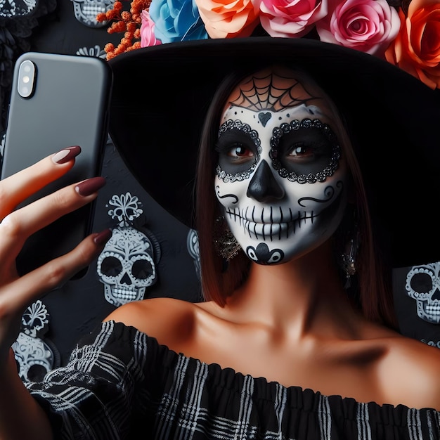 Photo lady posing for social media photos during dia de los muertos