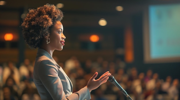 Lady presenting at stand with mic before audience