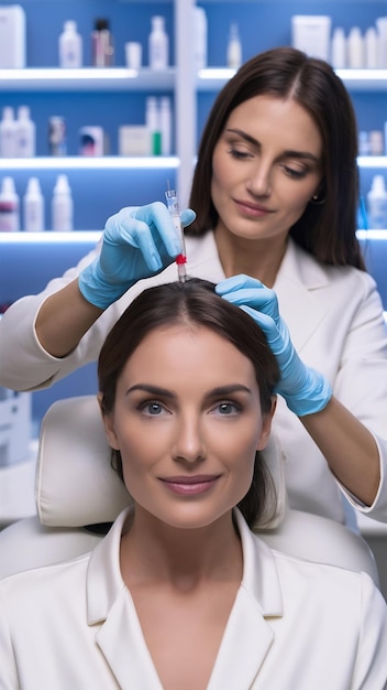 Photo lady receiving hair mesotherapy injections from professional trichologist