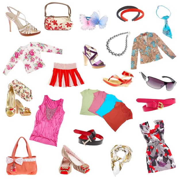 Lady's clothes and accessories on a white background