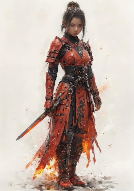 Lady Samurai on Fire Dynamic Battle Pose Shirt Generated by AI