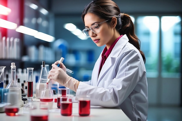 Lady Scientist doing research Analysis in a laboratory doing with blood samples