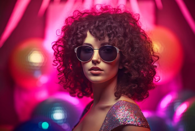 Lady shiny in sunglasses at night club pink color Effect hair vogue outfit Generate Ai