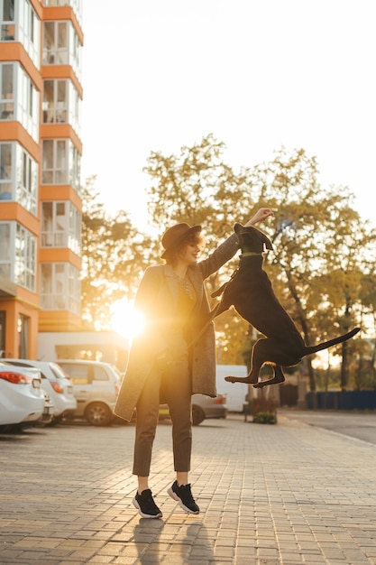 lady in stylish clothes trains a playful dog on a background autumn landscape at sunset dog jumps