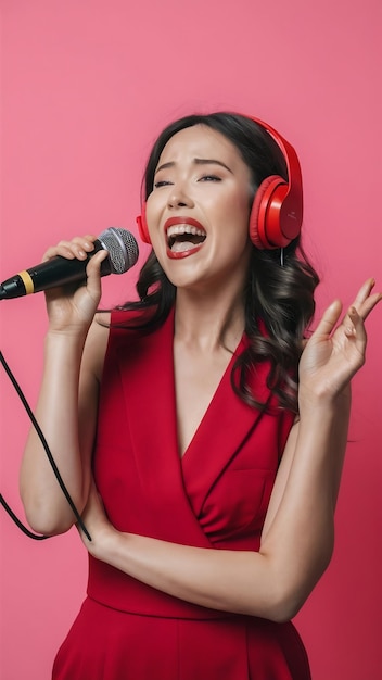 Lady in stylish outfit emotionally sings in microphone on pink background